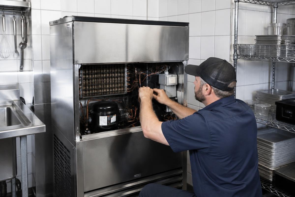 Commercial ice machine service Technician servicing a commercial stainless steel ice machine in a restaurant kitchen near Charlotte, NC