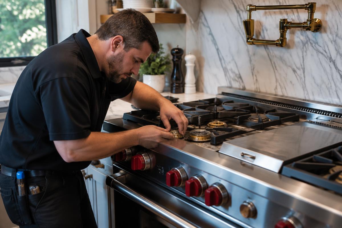 Range, oven & cooktop repair Technician servicing a professional gas range burner in an upscale Charlotte kitchen