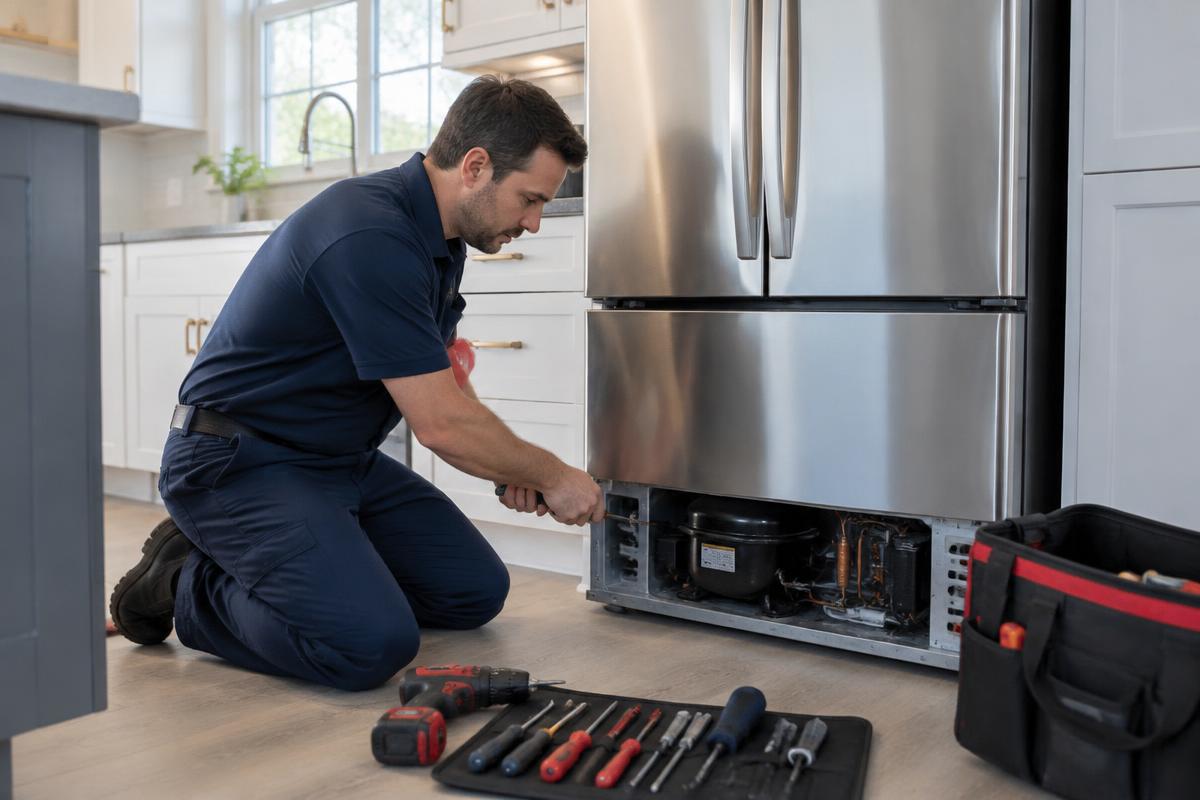 Refrigerator & freezer repair Atech Repair Service technician repairing a stainless steel refrigerator in a Charlotte, NC kitchen