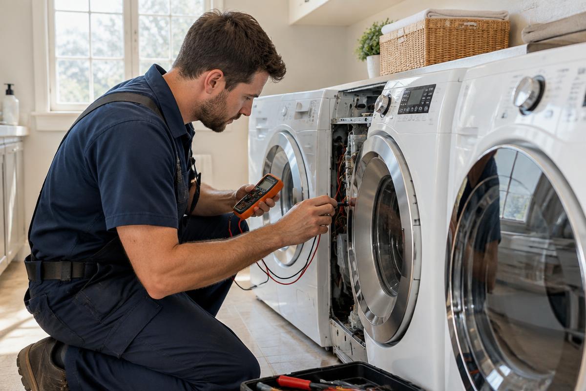 Washer & dryer repair Appliance technician testing a front-load washer with a multimeter in a Charlotte home laundry room