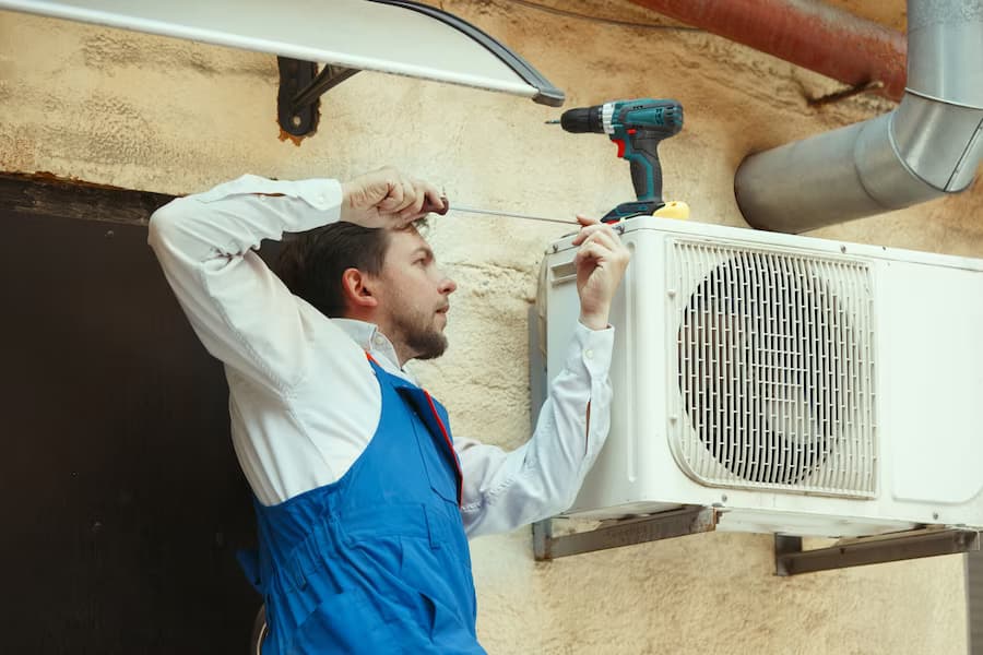 A man in blue overalls fixing an air conditioner.