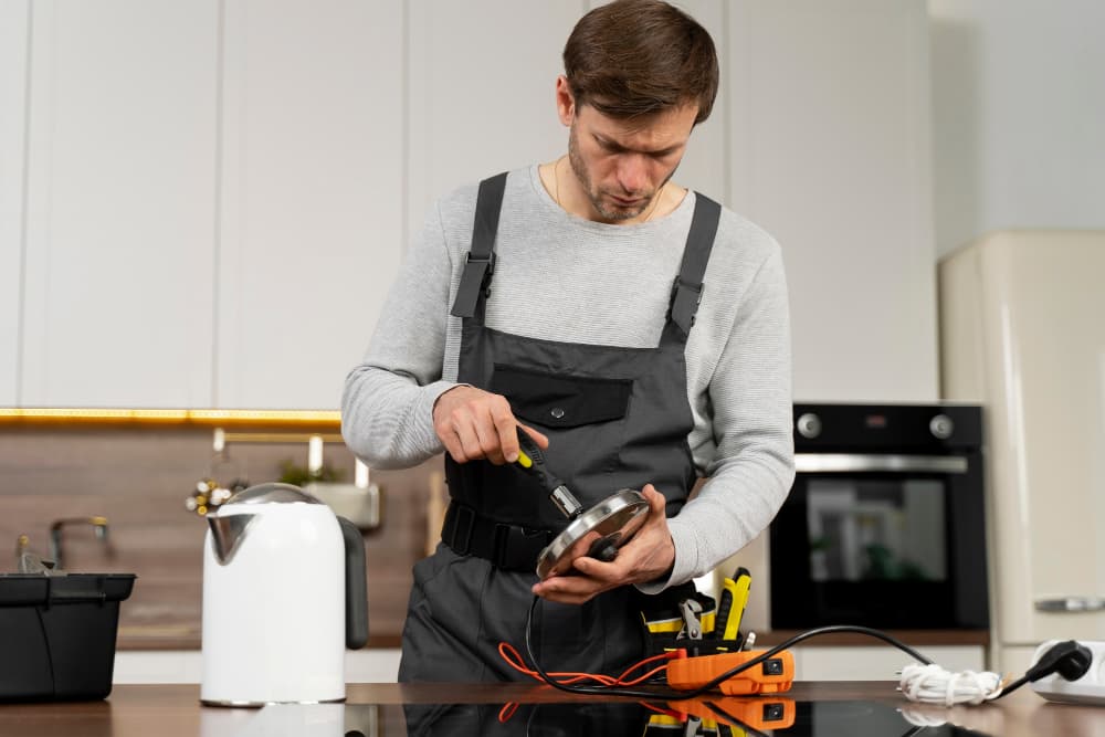 A man in an apron is working on some electrical equipment.