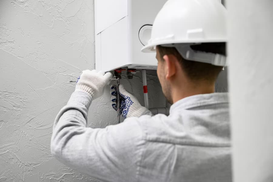 A man in white shirt and hard hat working on an electrical box.