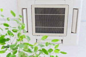 A white air conditioner with green leaves in the background.